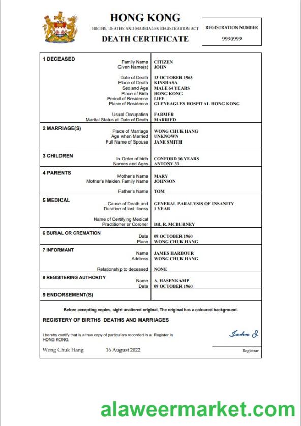 Hong Kong death certificate Word and PDF template,